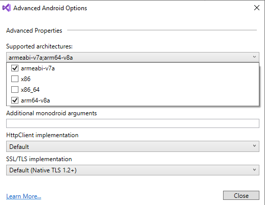 Visual Studio 2019 - Android Advanced Properties Window