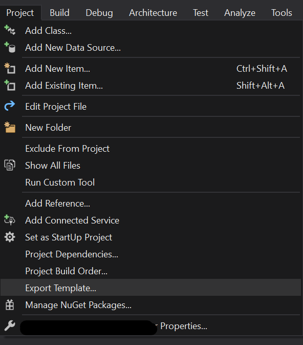 프로젝트 템플릿 내보내기 메뉴